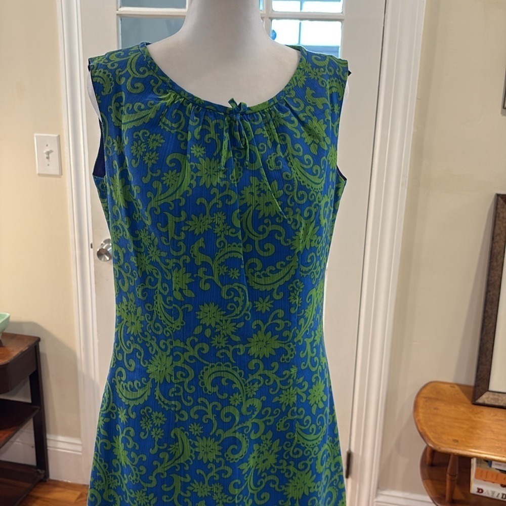 Vintage Eve Carver sleeveless dress. Dark blue with green design. Size M. - Picture 6 of 8